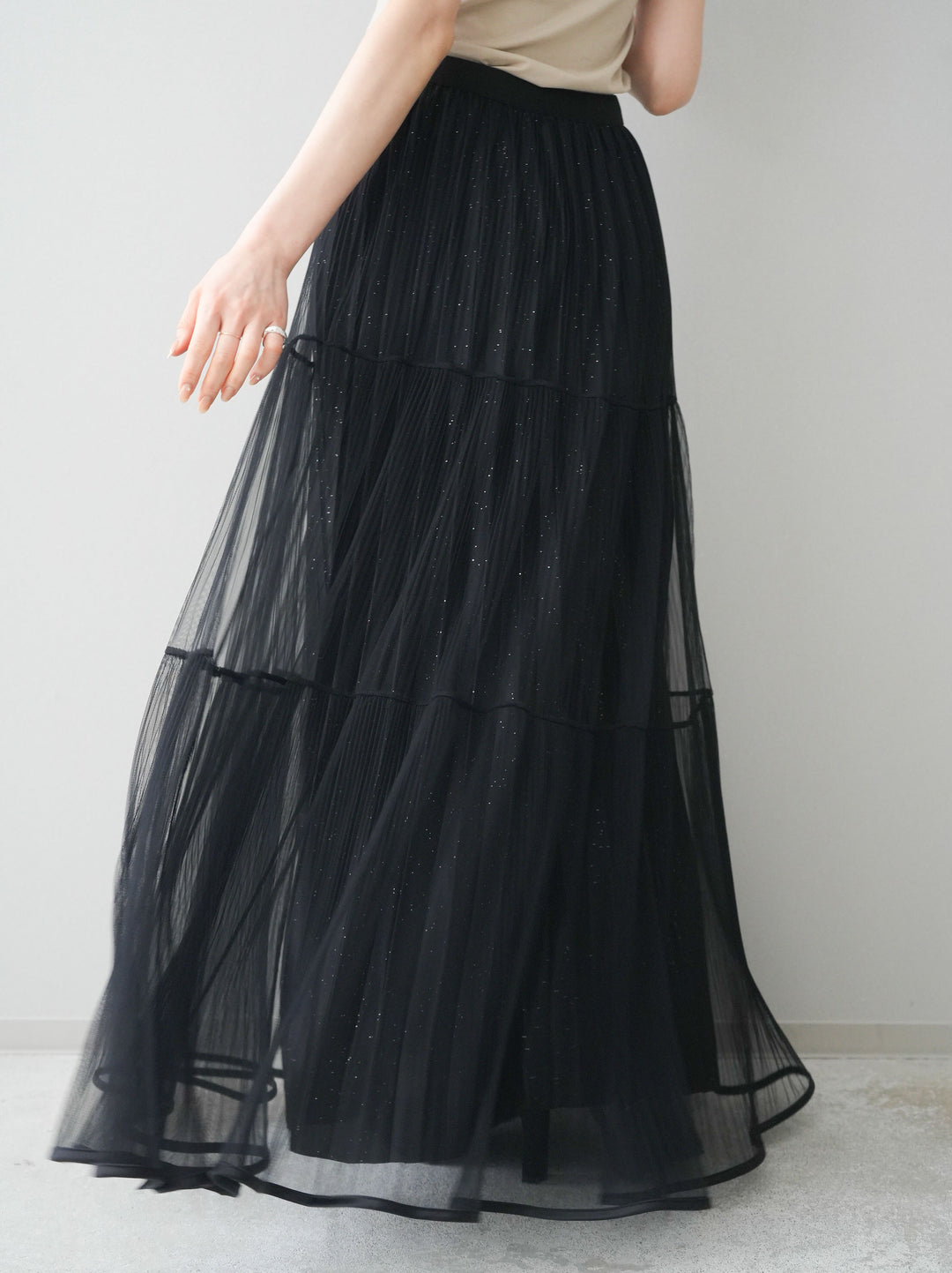 [予約]ラメプリーツレイヤードチュールロングスカート/black