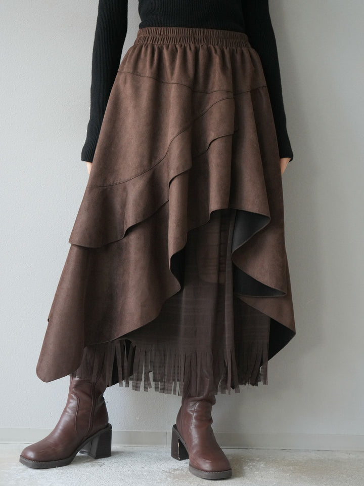 [予約]アシンメトリースエード異素材スカート/ブラウン