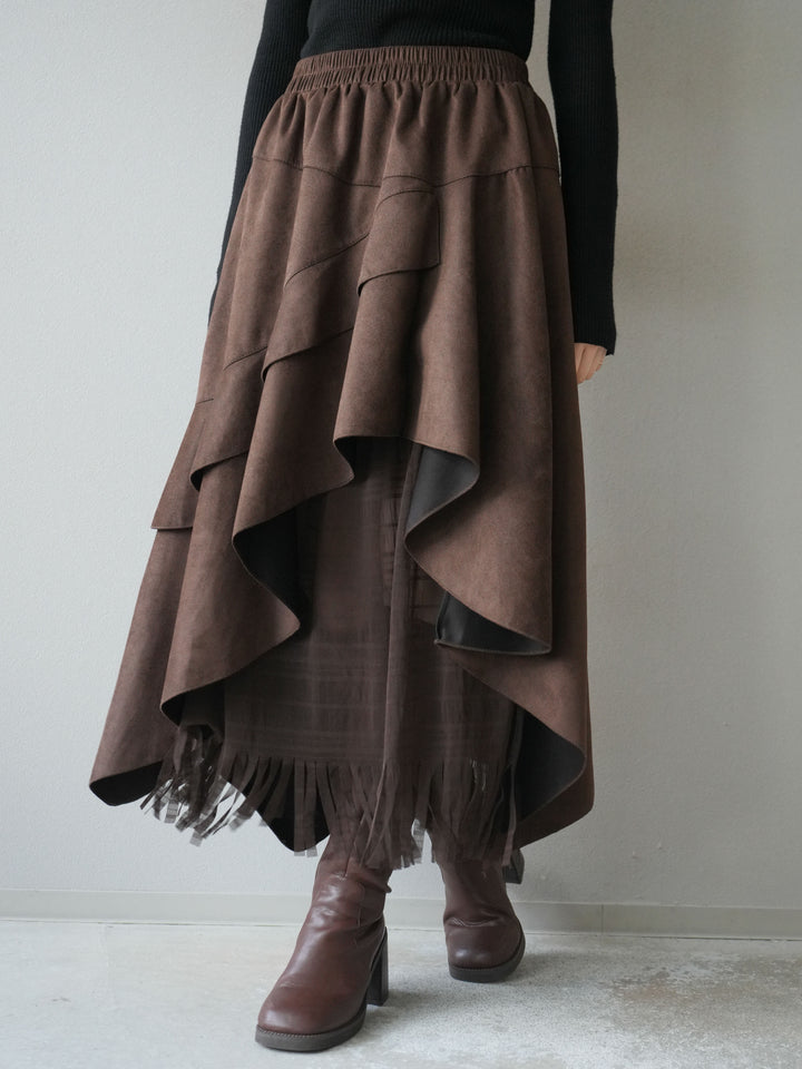 [予約]アシンメトリースエード異素材スカート/ブラウン