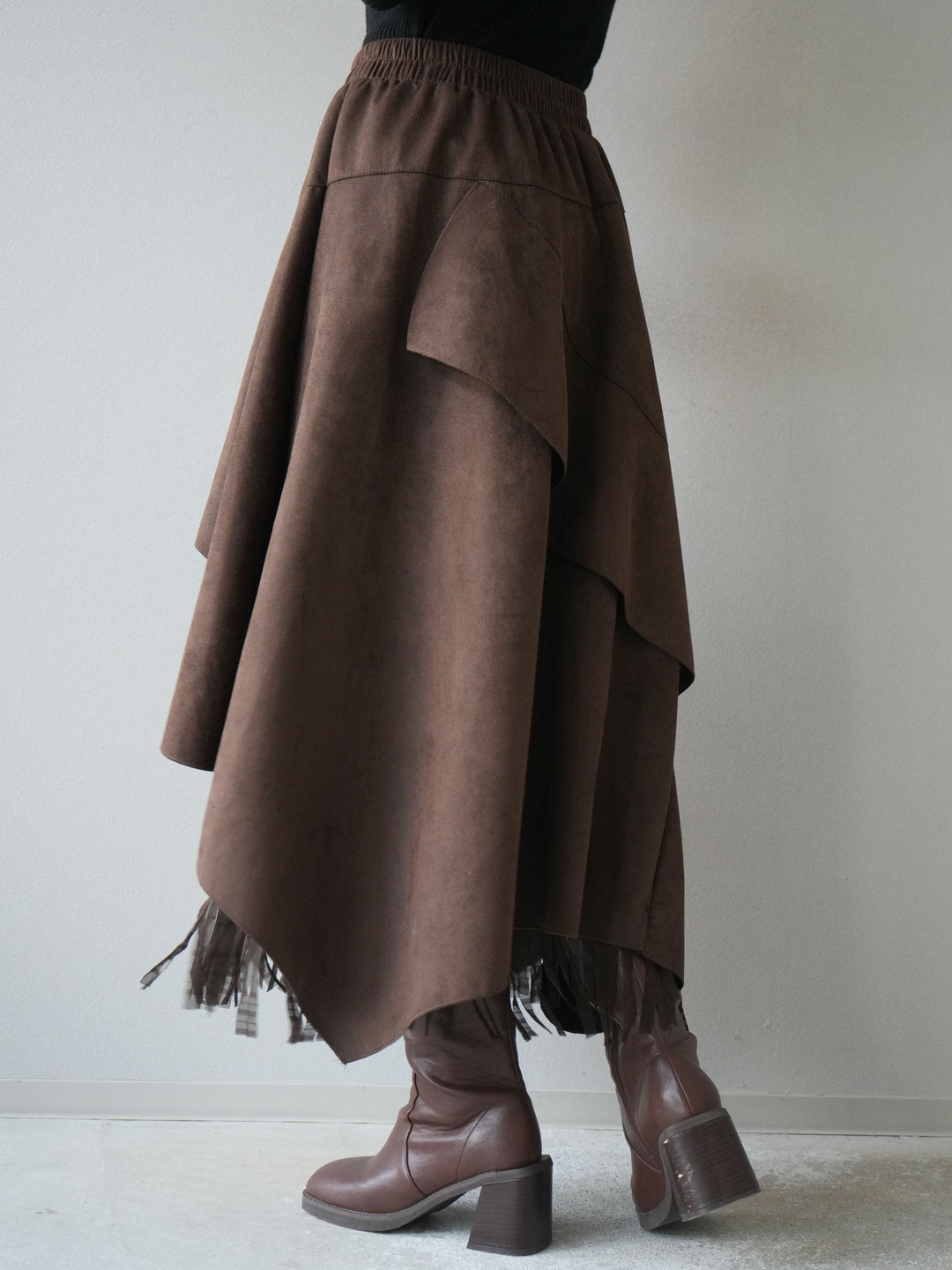 [予約]アシンメトリースエード異素材スカート/ブラウン