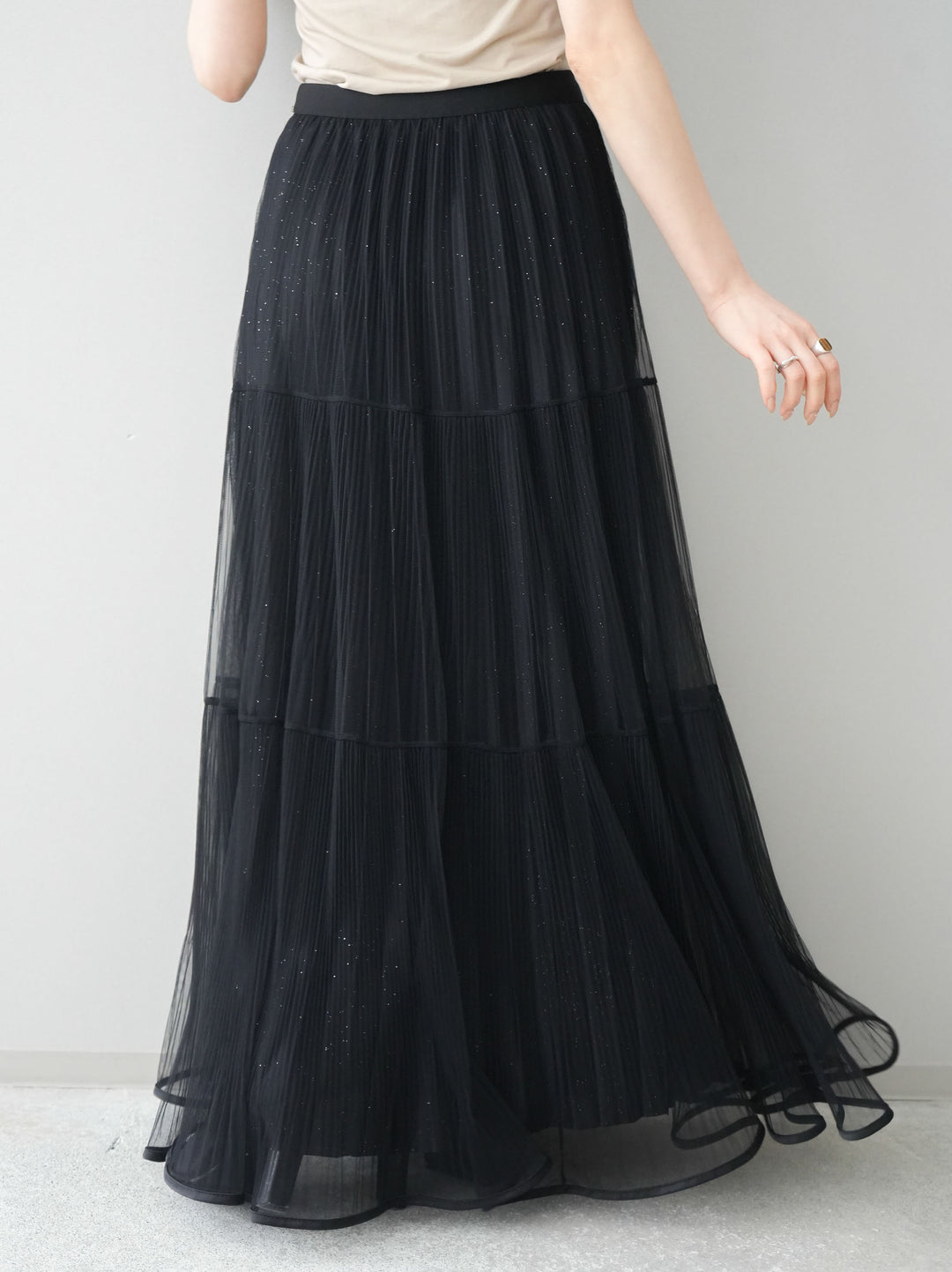 [予約]ラメプリーツレイヤードチュールロングスカート/black