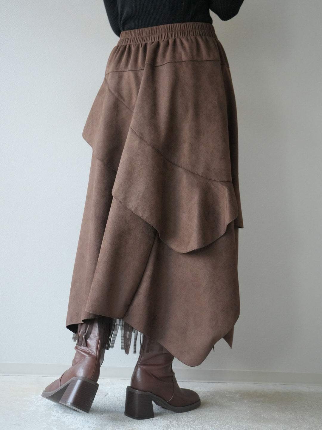 [予約]アシンメトリースエード異素材スカート/ブラウン