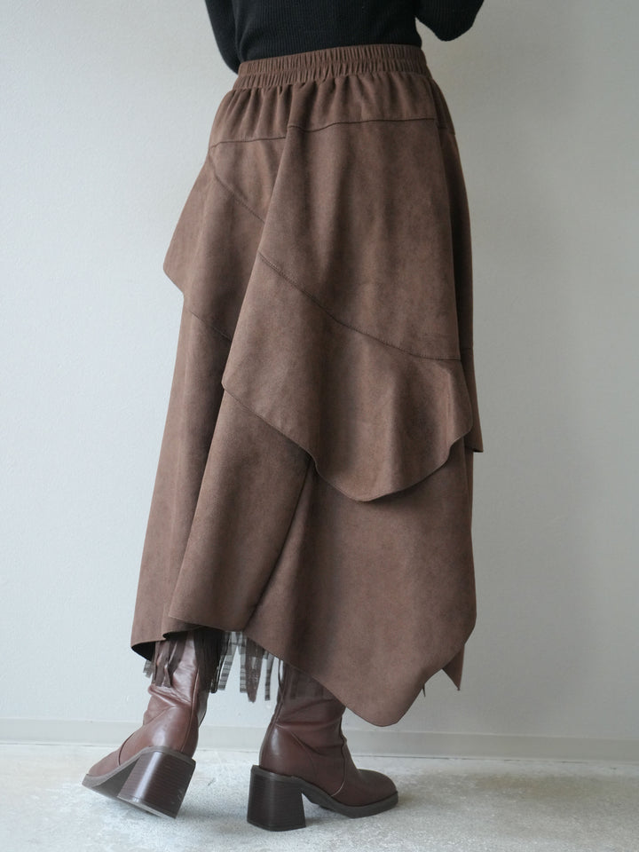 [予約]アシンメトリースエード異素材スカート/ブラウン