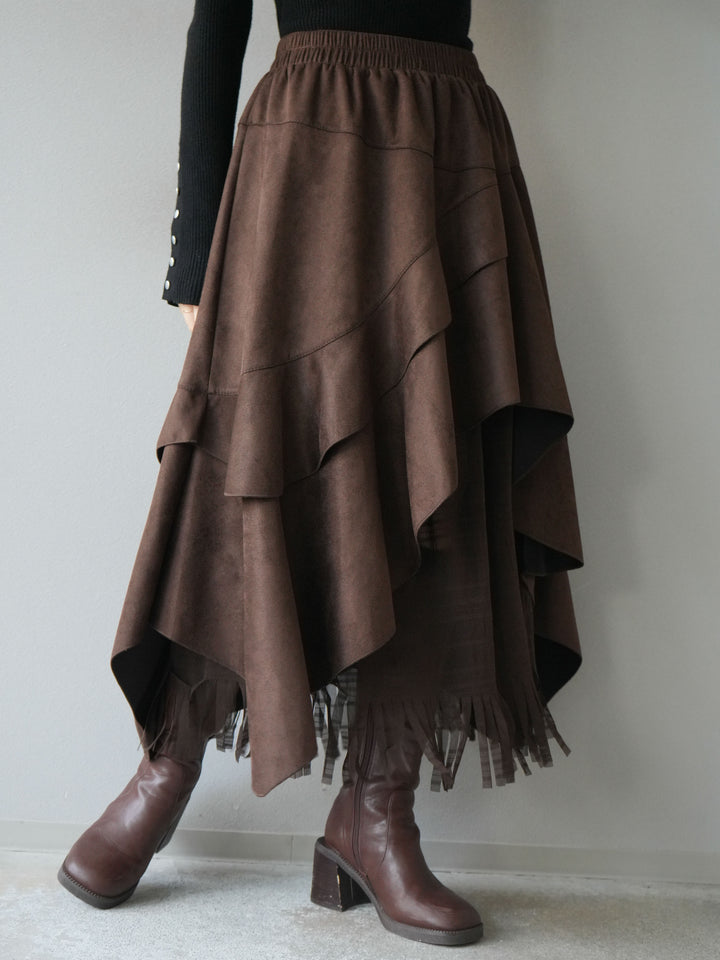 [予約]アシンメトリースエード異素材スカート/ブラウン