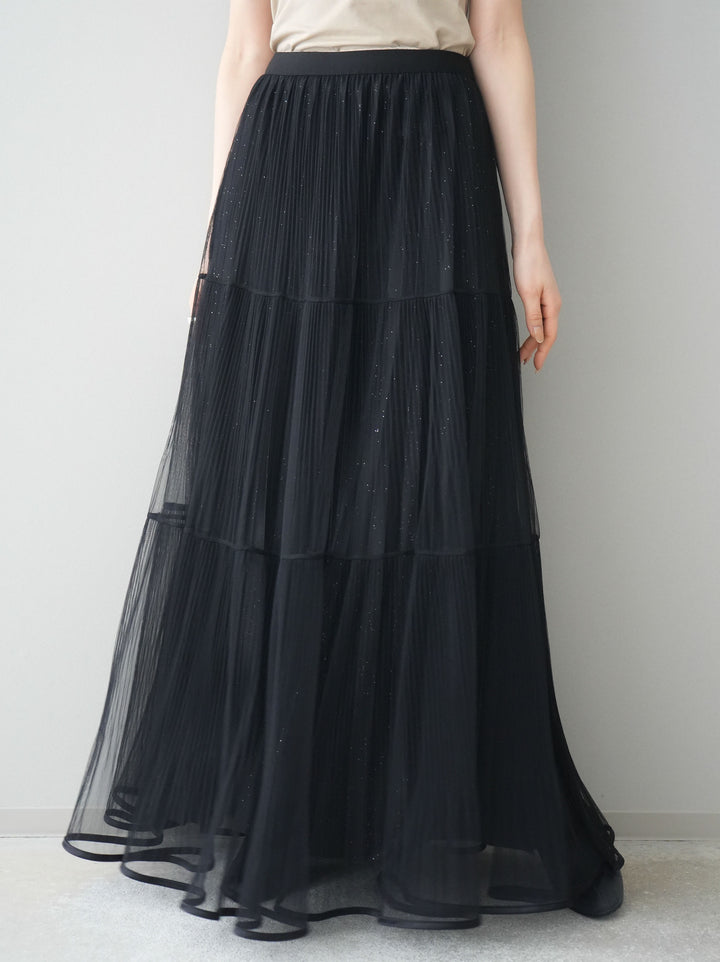 [予約]ラメプリーツレイヤードチュールロングスカート/black