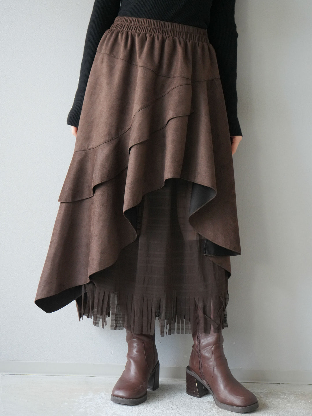 [予約]アシンメトリースエード異素材スカート/ブラウン
