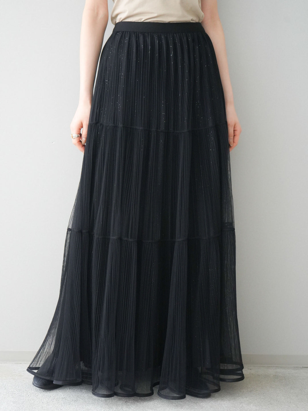 [予約]ラメプリーツレイヤードチュールロングスカート/black