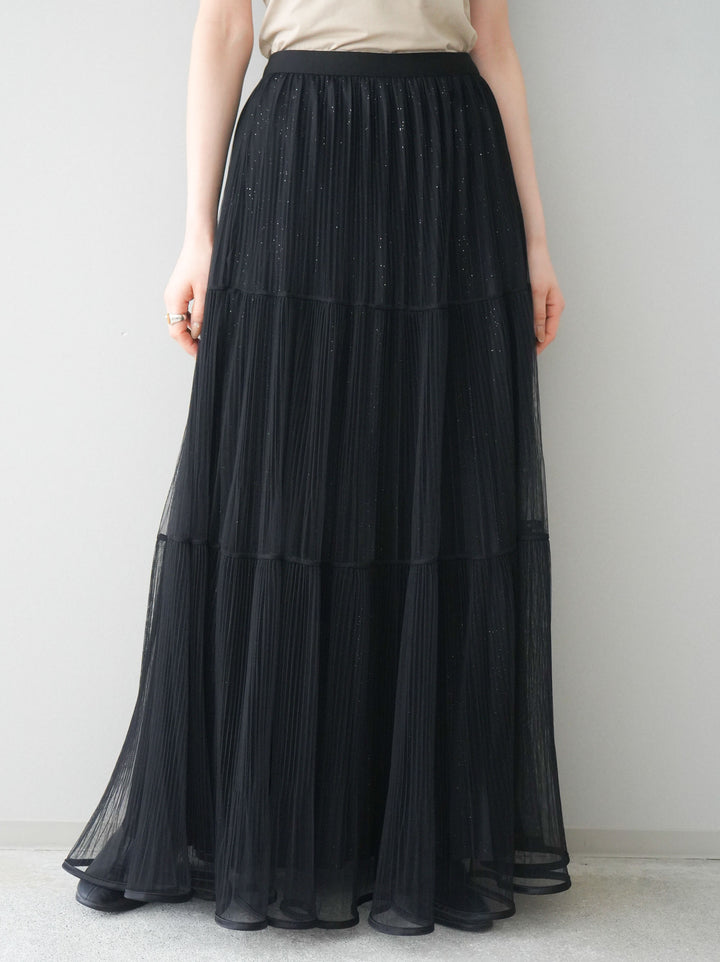[予約]ラメプリーツレイヤードチュールロングスカート/black
