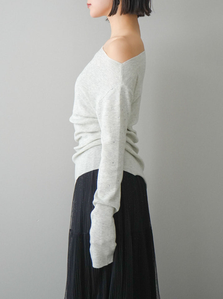 [予約]ラインストーンアシンメトリーニットトップス/gray