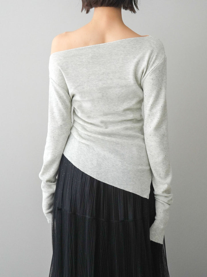 [予約]ラインストーンアシンメトリーニットトップス/gray