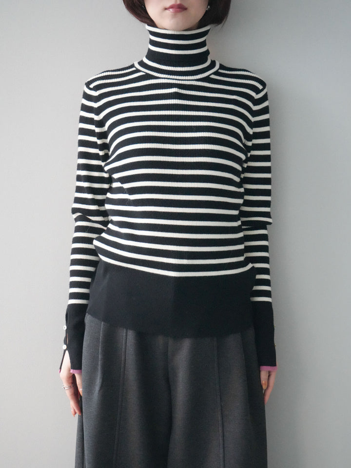 [予約]袖配色ハイネックボーダーリブニットトップス/blackborderpink