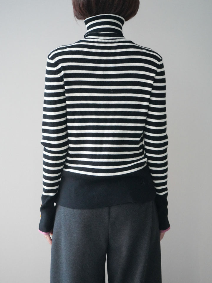 [予約]袖配色ハイネックボーダーリブニットトップス/blackborderpink