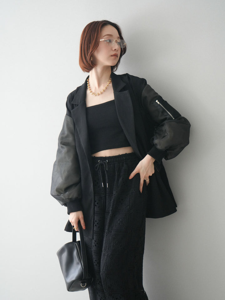 [SET]MA-1ドッキングデザインジャケット+カップ付テレコリブベアキャミソール+パネルレースイージーパンツ(3set)