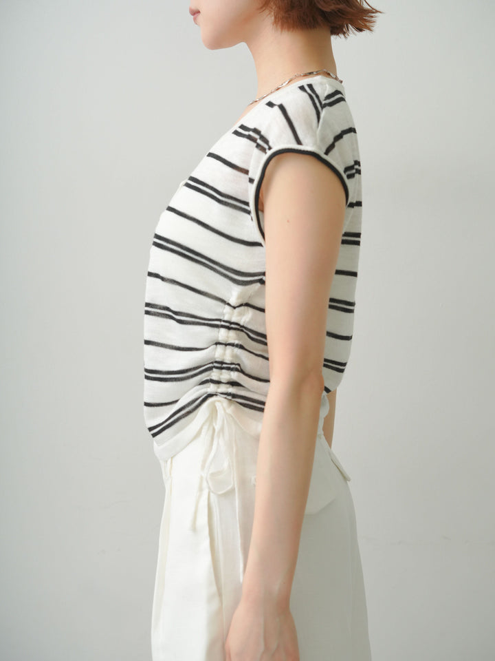 [予約]サイドギャザーボーダーVネックニットノースリトップス/offwhite
