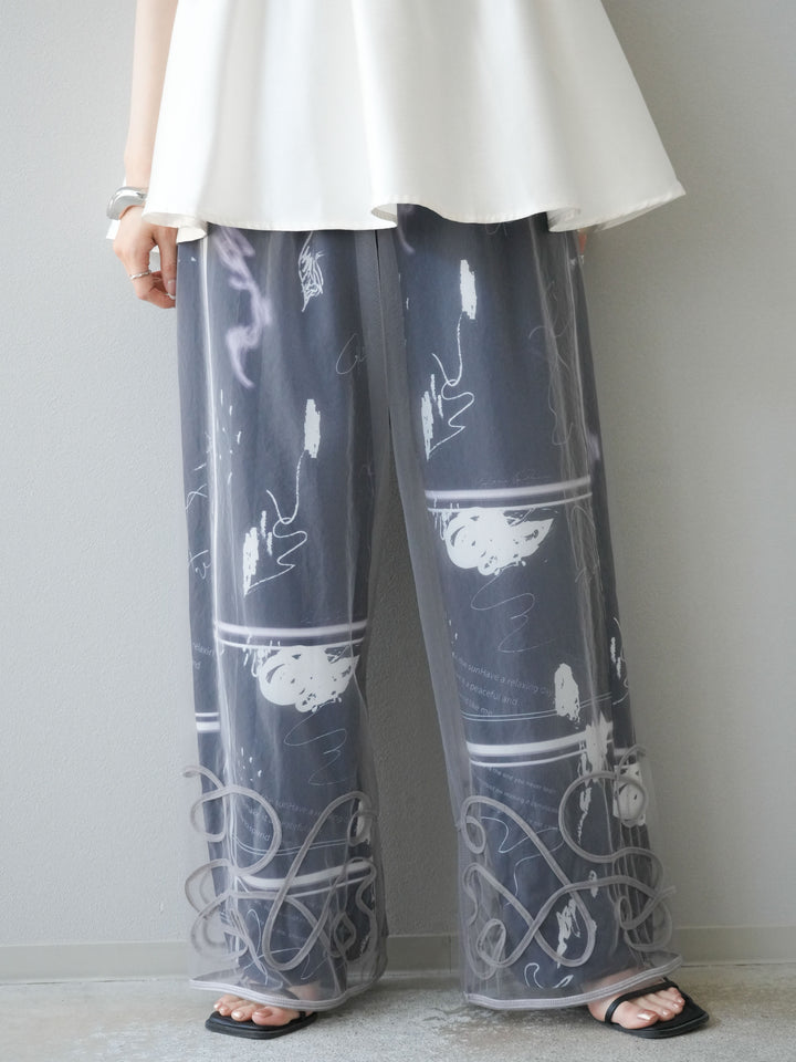 [2] 繩繡薄紗多層褲/灰色