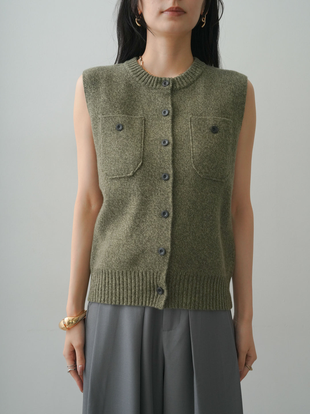 [予約]メランジフロントボタンニットベスト/khaki
