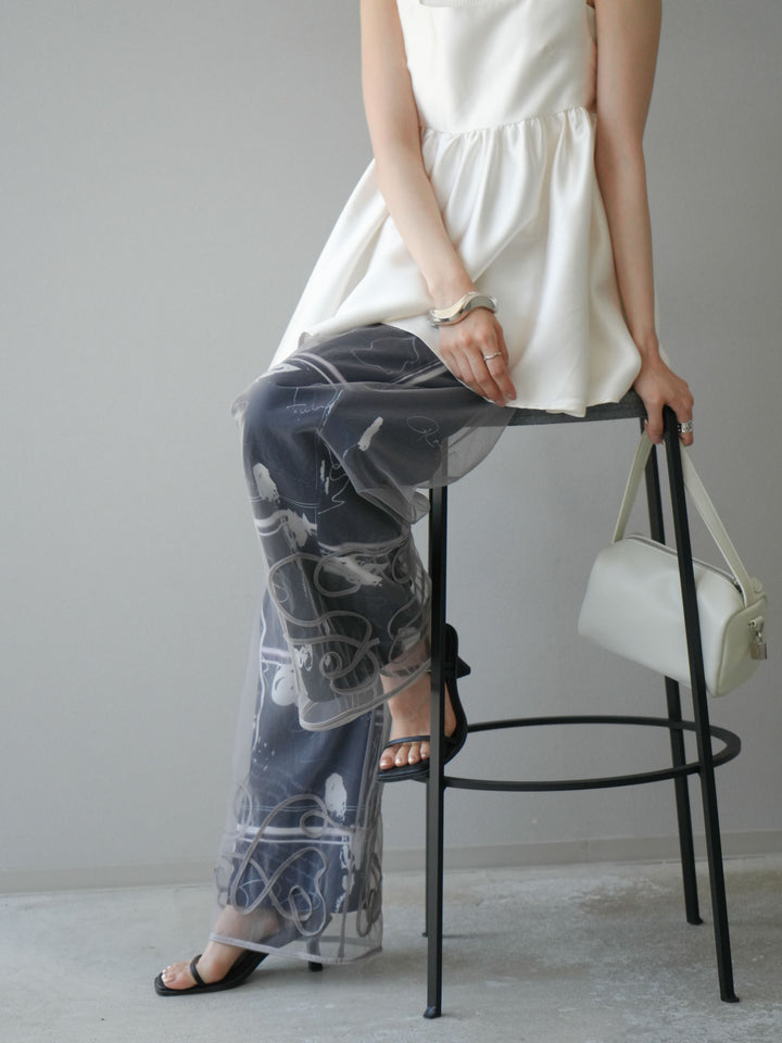 [2] 繩繡薄紗多層褲/灰色