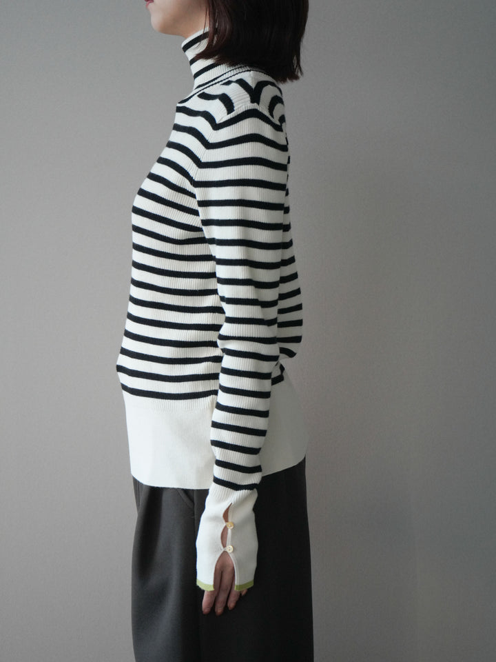 [予約]袖配色ハイネックボーダーリブニットトップス/ivorybordergreen