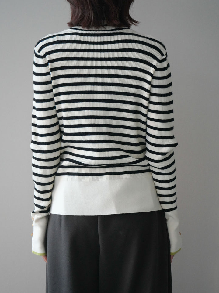 [予約]袖配色ハイネックボーダーリブニットトップス/ivorybordergreen