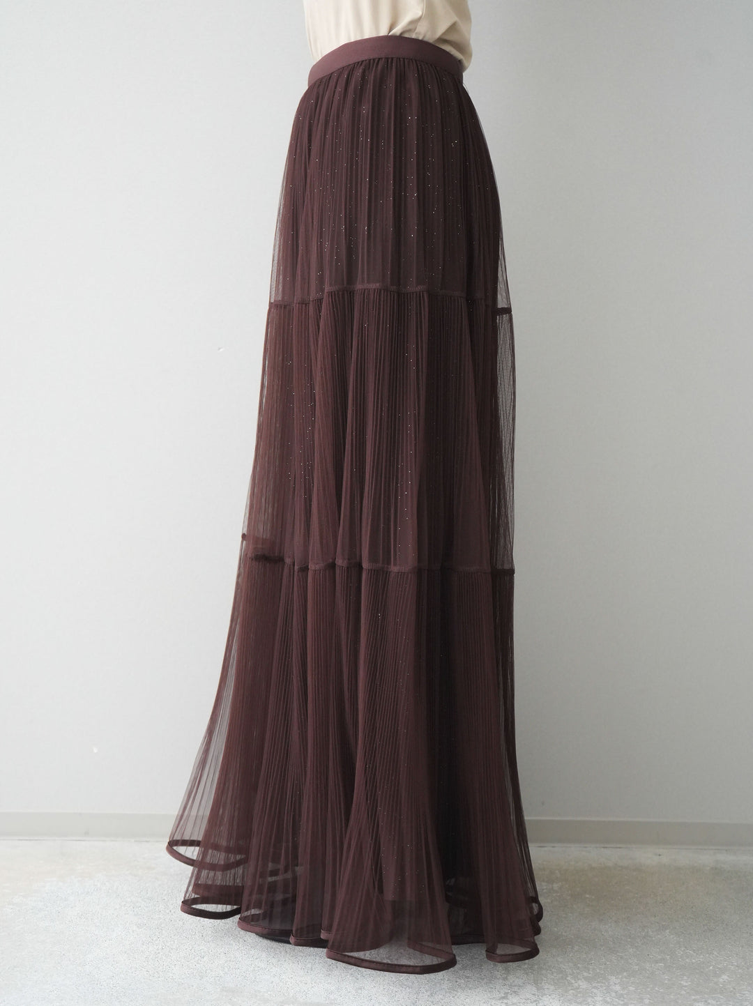 [予約]ラメプリーツレイヤードチュールロングスカート/brown