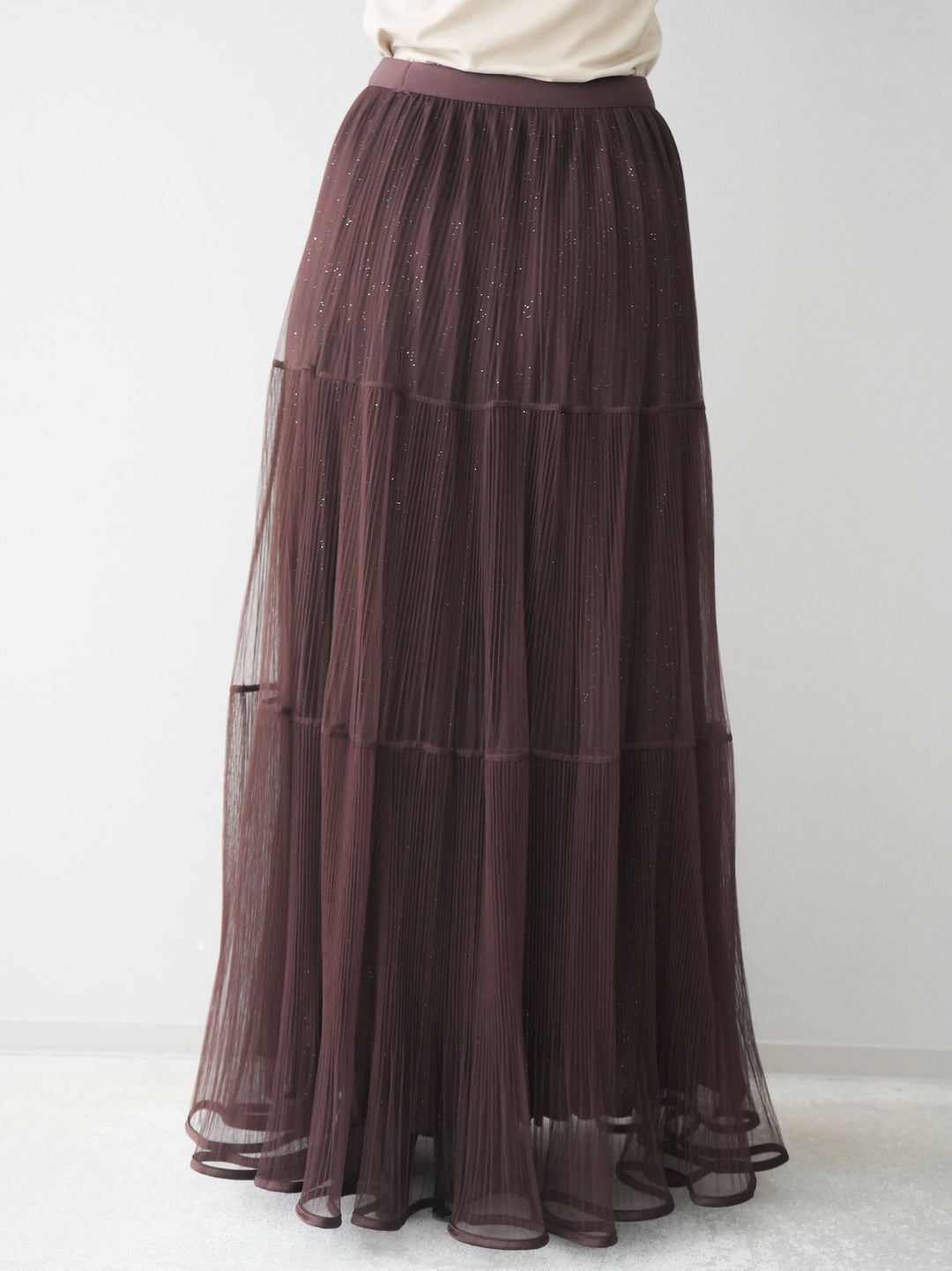 [予約]ラメプリーツレイヤードチュールロングスカート/brown