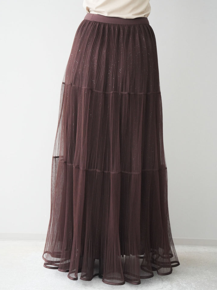 [予約]ラメプリーツレイヤードチュールロングスカート/brown