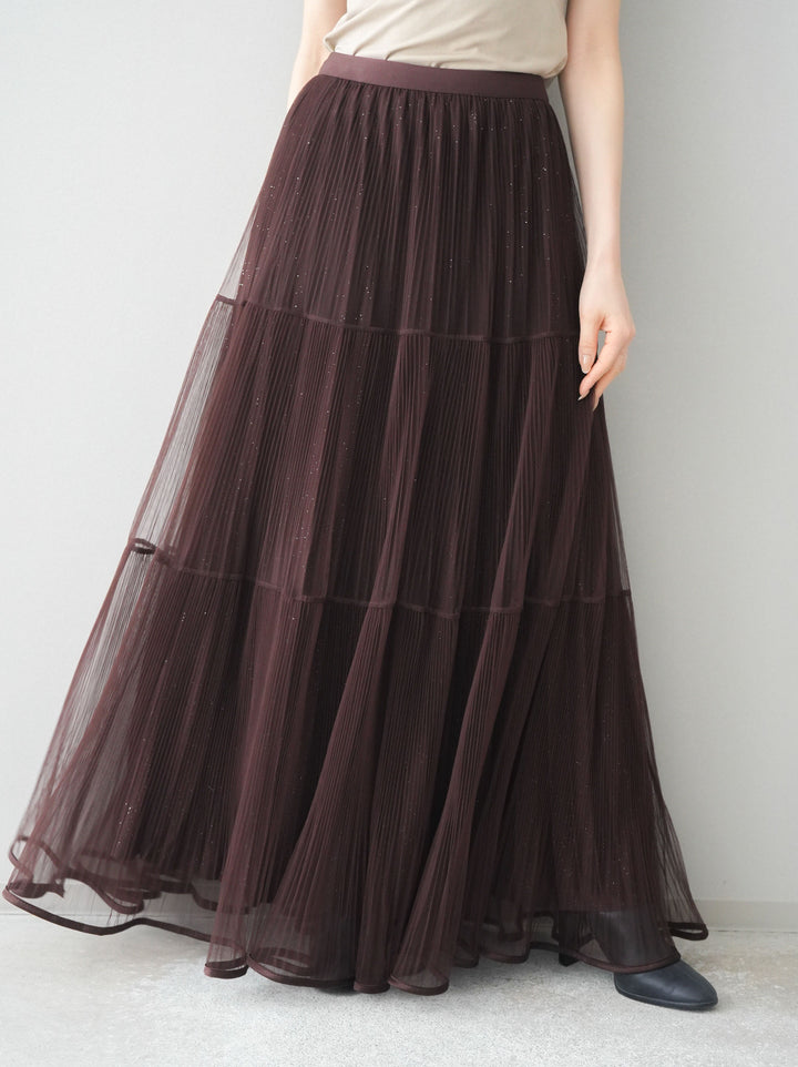 [予約]ラメプリーツレイヤードチュールロングスカート/brown