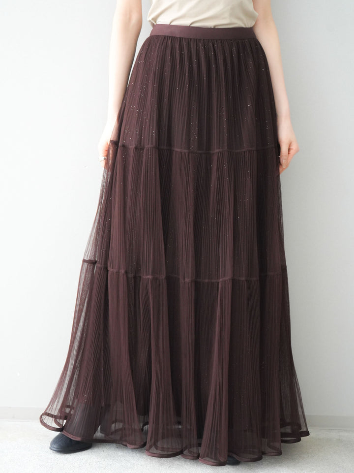 [予約]ラメプリーツレイヤードチュールロングスカート/brown