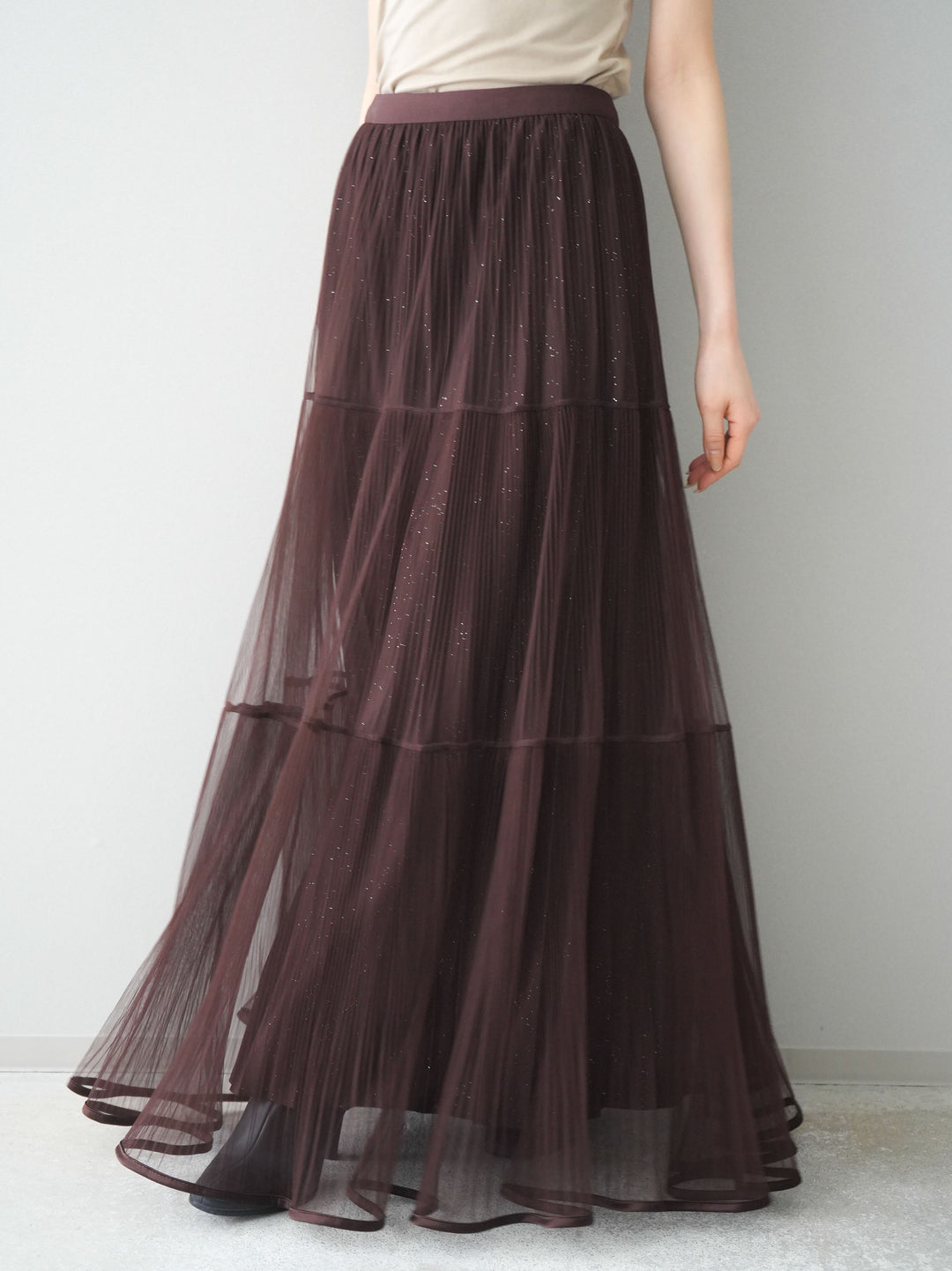 [予約]ラメプリーツレイヤードチュールロングスカート/brown
