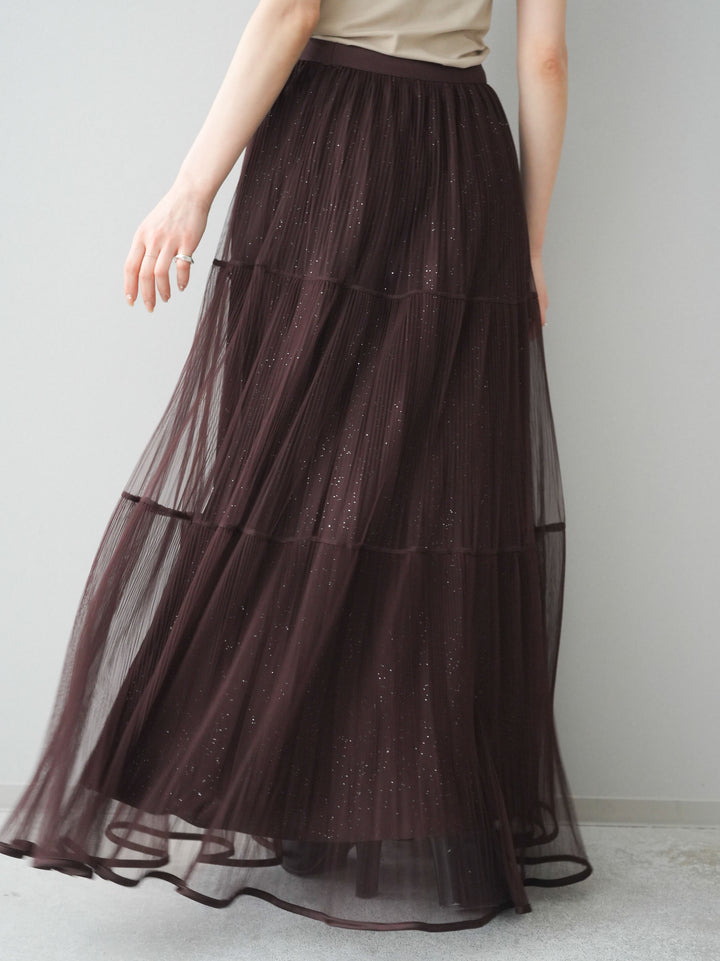 [予約]ラメプリーツレイヤードチュールロングスカート/brown