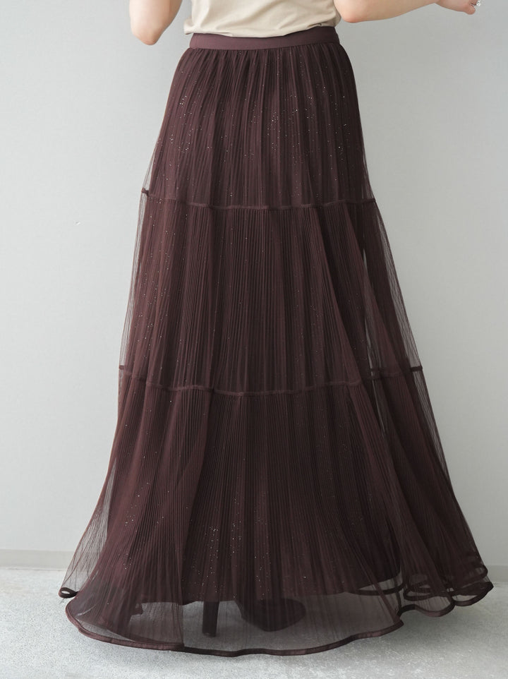 [予約]ラメプリーツレイヤードチュールロングスカート/brown