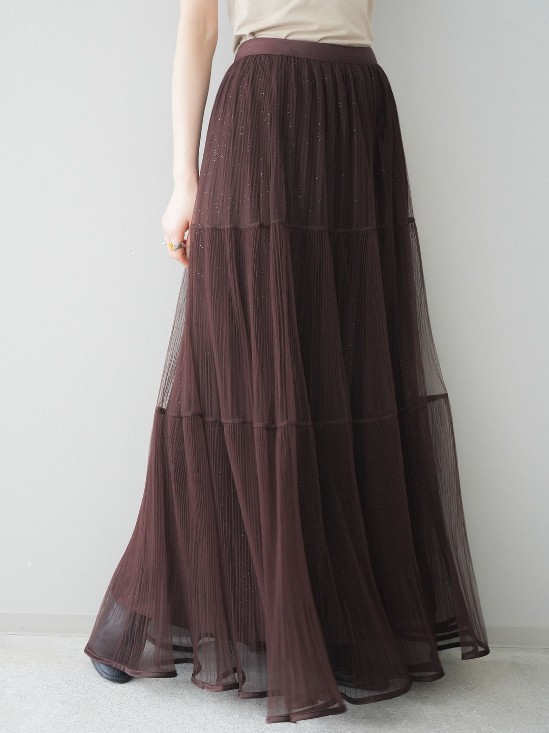 [予約]ラメプリーツレイヤードチュールロングスカート/brown