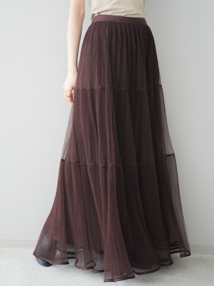 [予約]ラメプリーツレイヤードチュールロングスカート/brown