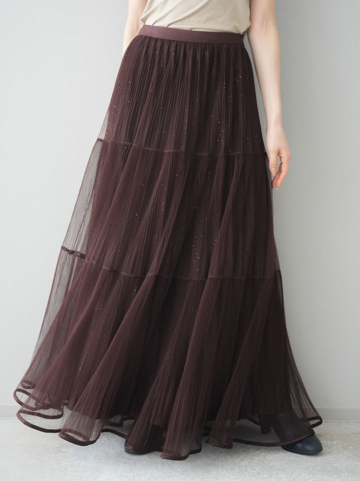 [予約]ラメプリーツレイヤードチュールロングスカート/brown