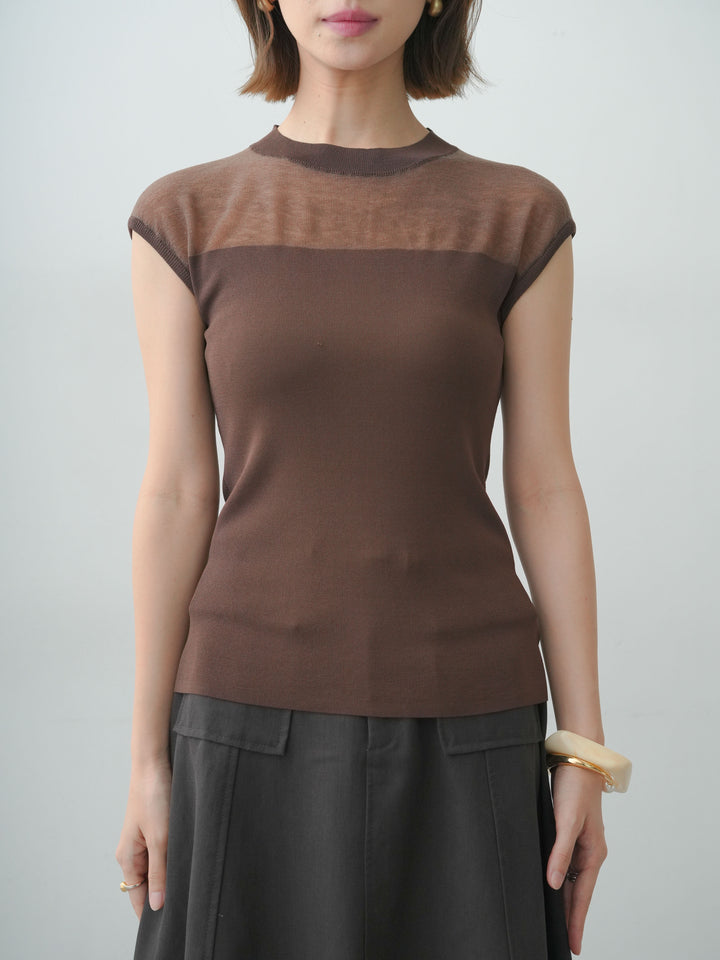 [予約]シアー切替ニットトップス/brown