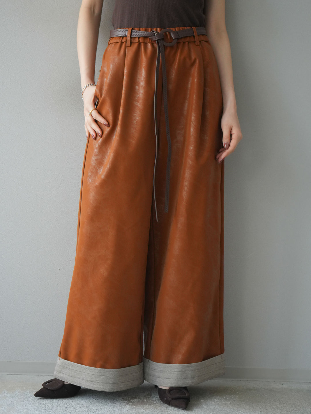 [予約]ベルト付折り返しレザーパンツ/orange
