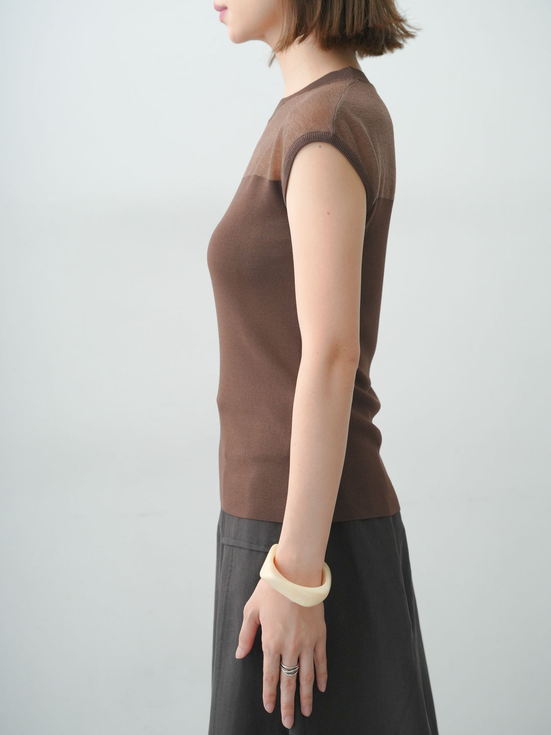 [予約]シアー切替ニットトップス/brown
