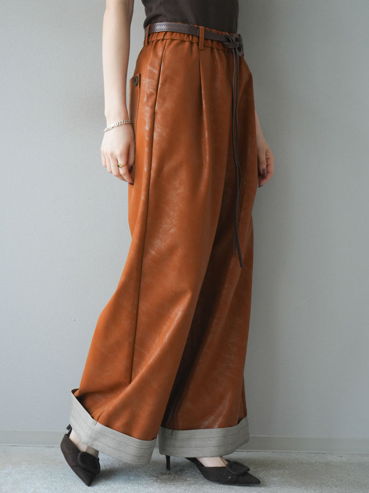 [予約]ベルト付折り返しレザーパンツ/orange