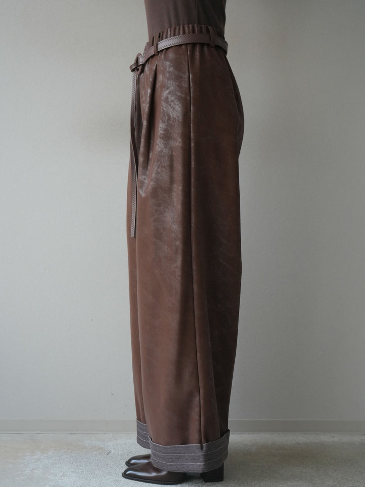 [予約]ベルト付折り返しレザーパンツ/brown