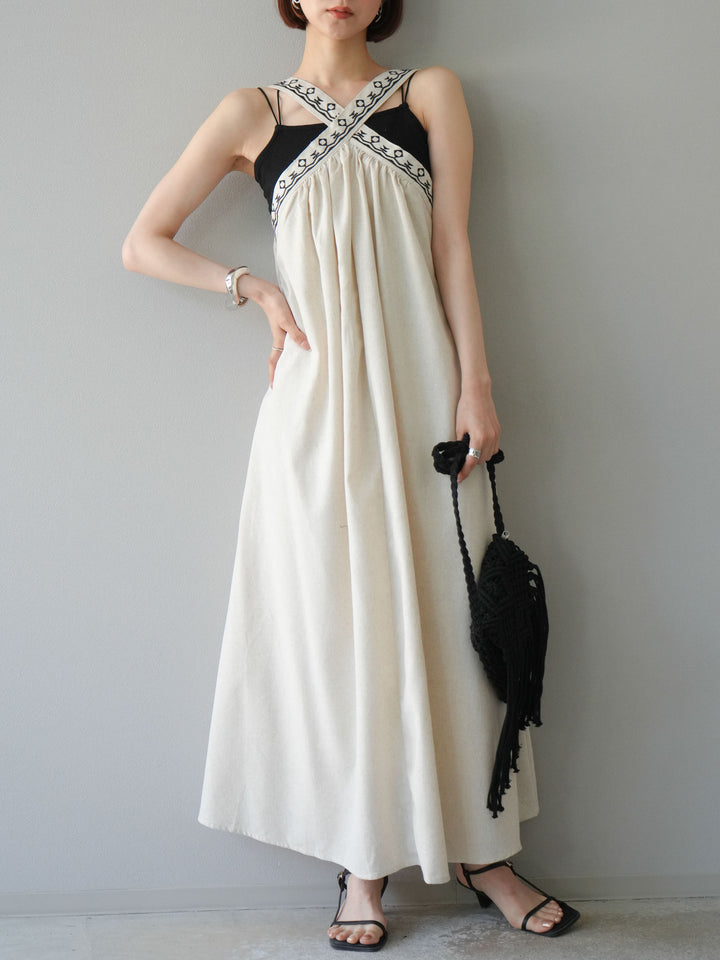 [予約]リネンライク刺繍デザインワンピース/オートミール