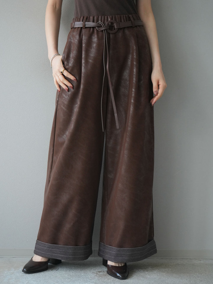 [予約]ベルト付折り返しレザーパンツ/brown