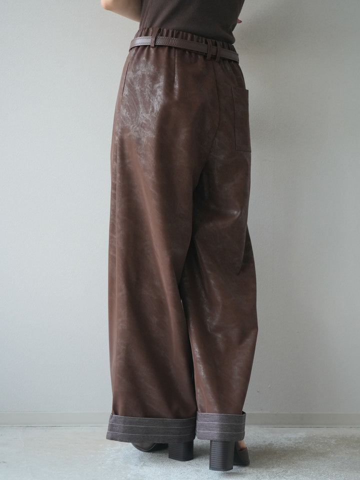 [予約]ベルト付折り返しレザーパンツ/brown