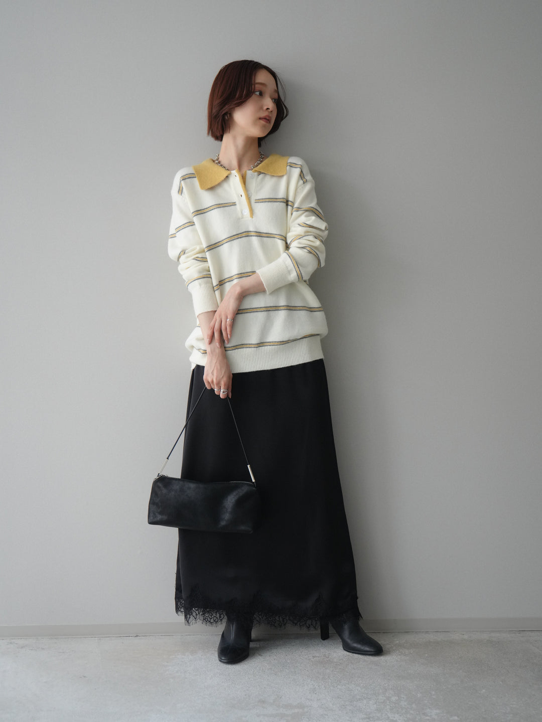 [予約]裾レースサテンナロースカート/black