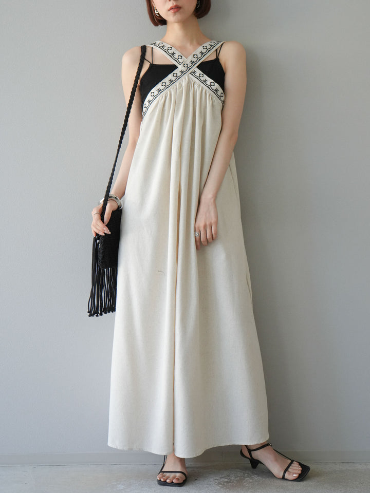 [予約]リネンライク刺繍デザインワンピース/オートミール