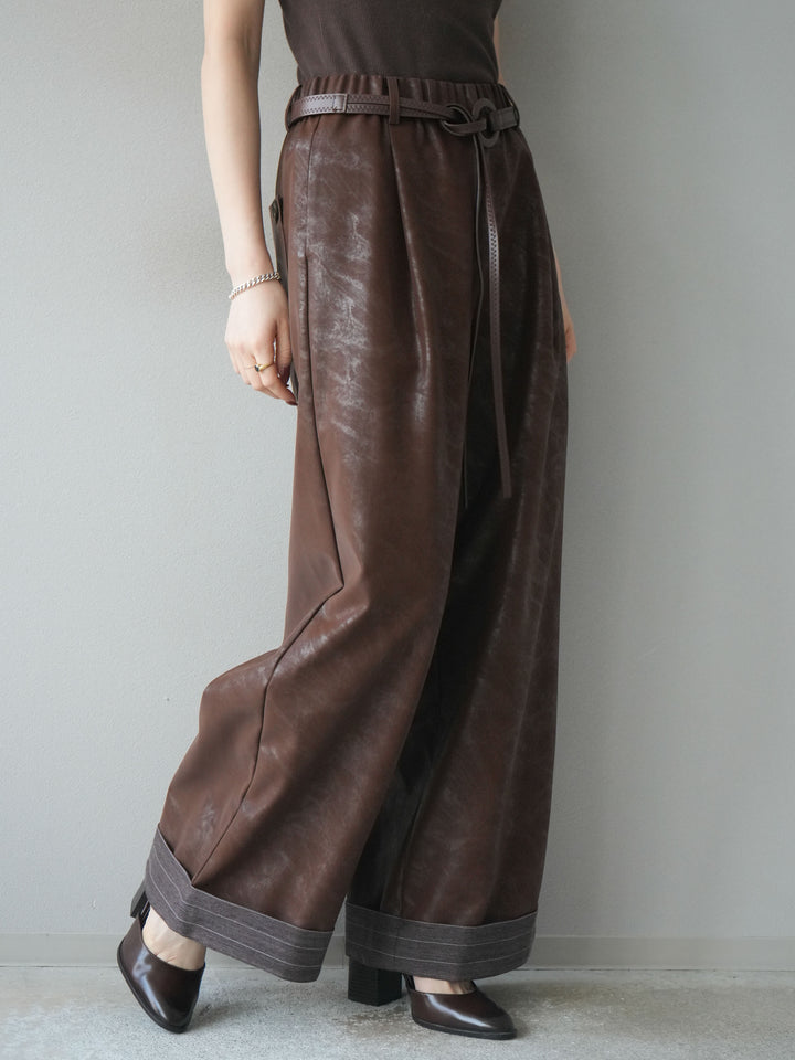 [予約]ベルト付折り返しレザーパンツ/brown