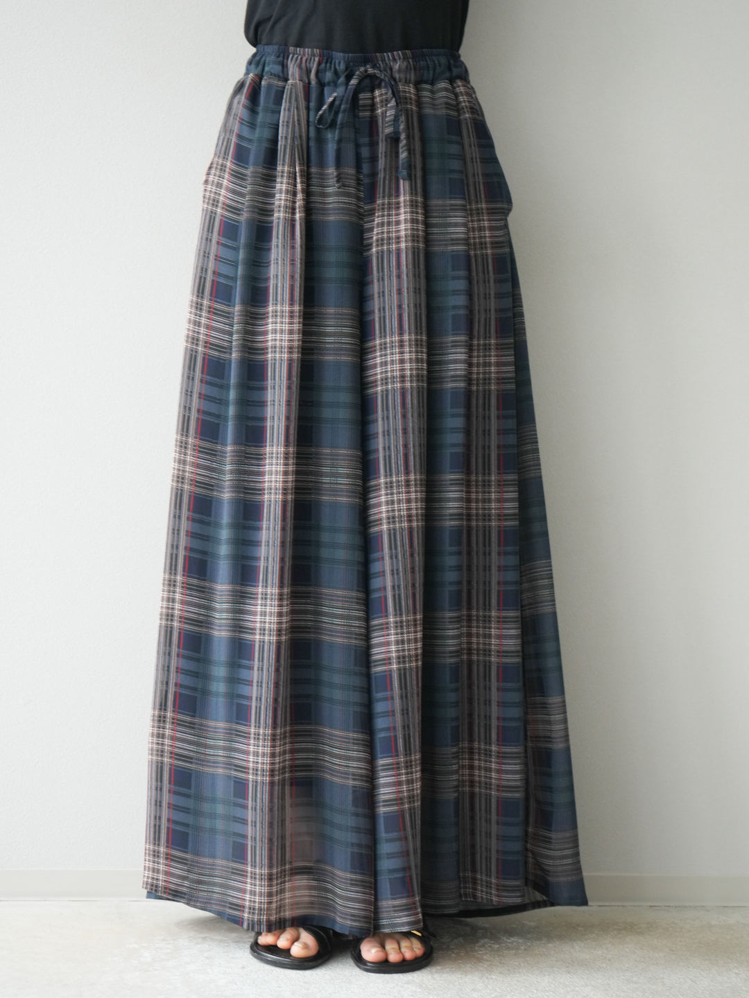 [預購] 透視格紋寬鬆褲/藏青色