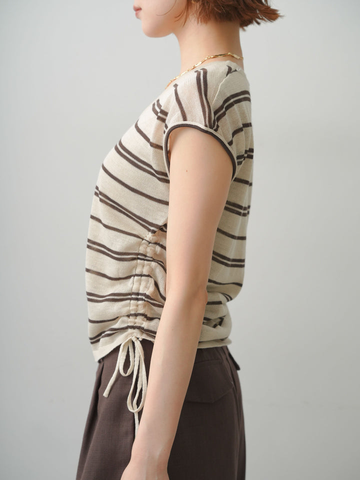 [予約]サイドギャザーボーダーVネックニットノースリトップス/beige