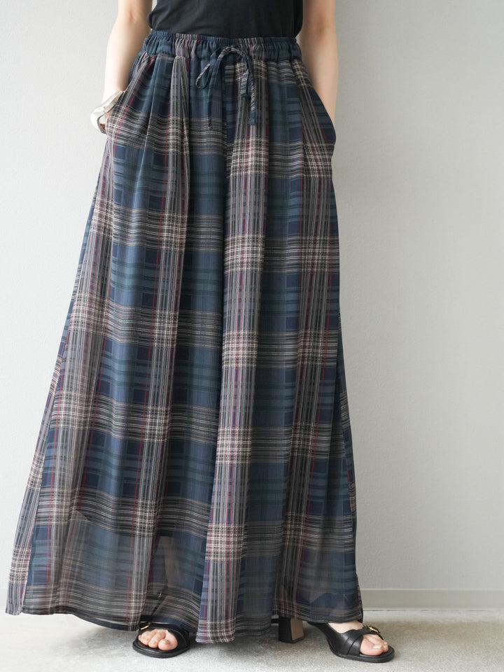 [預購] 透視格紋寬鬆褲/藏青色