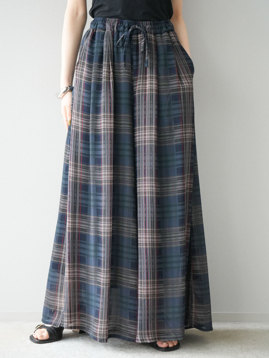 [預購] 透視格紋寬鬆褲/藏青色