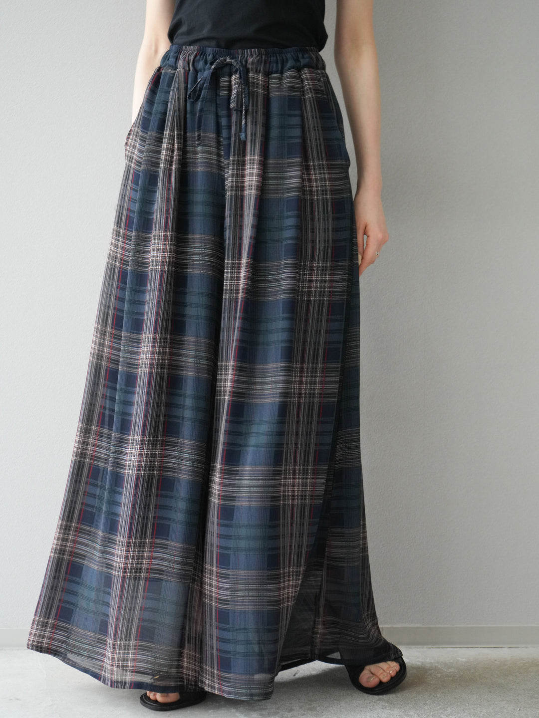 [預購] 透視格紋寬鬆褲/藏青色